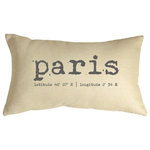 Pillow Decor Ltd. - Pillow Decor - Paris Coordinates 12 x 20 Throw Pillow - Paris and its geographic coordinates are printed across this throw pillow in an old typewriter typeset. The gray-taupe font contrasts nicely against the natural cream linen fabric giving the pillow a beautiful vintage look and feel. The Paris Coordinates Pillow is a perfect size for a stand alone chair in a den, office, or living room or would make a nice finishing touch on a bed or window seat.
