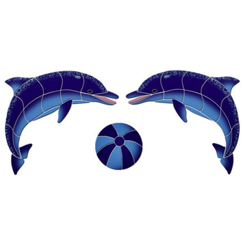 Facing Dolphins Ceramic Swimming Pool Mosaic 20"x9", Blue