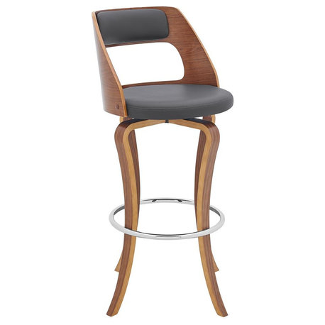 Grady 30 Swivel Gray Faux Leather and Walnut Wood Bar Stool