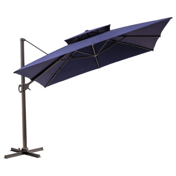 11' Navy Blue Polyester Round Tilt Cantilever Patio Umbrella With Stand