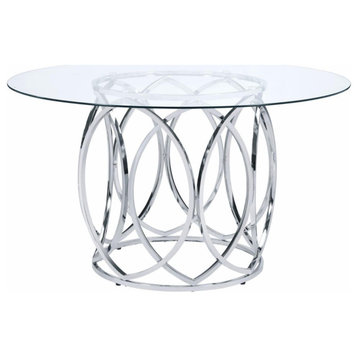 Unique Dining Table, Drum Shaped Geometric Accented Base With Clear Glass Top
