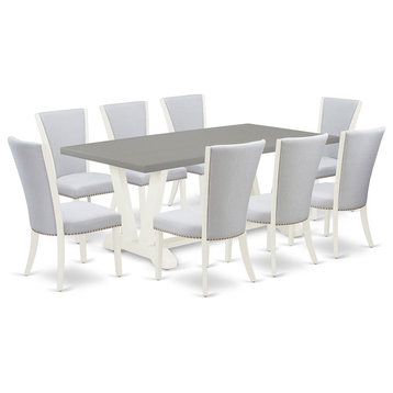 East West Furniture V-Style 9-piece Wood Dining Set in Linen White/Gray/Cement