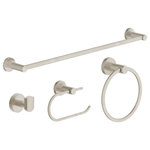 Symmons - Bath Hardware, Toilet Paper Holder, Robe Hook, Towel Bar & Ring, Satin Nickel - This four piece bathroom hardware set is part of the contemporary and sleek Dia collection and consists of four wall mounted bathroom hardware accessories: an 18 inch towel bar, toilet paper holder, robe hook, and hand towel ring. All pieces in this bath hardware set are constructed of brass and stainless steel and include wall mounting hardware and instructions. The bathroom hand towel ring, towel bar, and robe hook are equipped to hold up to 50 pounds of weight if toggle anchors are used for fastening. The toilet paper holder is also wall mounted and holds a single roll of toilet paper. This matching Dia bathroom set is backed by a limited lifetime consumer warranty and 10 year commercial warranty.