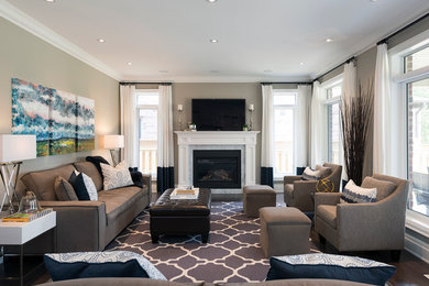 Design ideas for a large transitional formal open concept living room in Toronto with grey walls, dark hardwood floors, a standard fireplace, a stone fireplace surround and a wall-mounted tv.