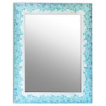 Live In Mosaics - Gradient Mirror, 20x24 - Done in tranquil shades of soft marbled beige, a vibrant sea green and a deep blue, this stunning glass mosaic bathroom wall mirror will nicely compliment your beach decor. The detail on this mirror is true artisan quality with each glass tile cut by hand and then placed individually to create this pretty ombre effect. The tile encompasses all sides of the mirror for a finished look.  Comes with an attached picture wire and enclosed hook for easy wall mounting. Five sizes available (details below). Handmade in the USA.