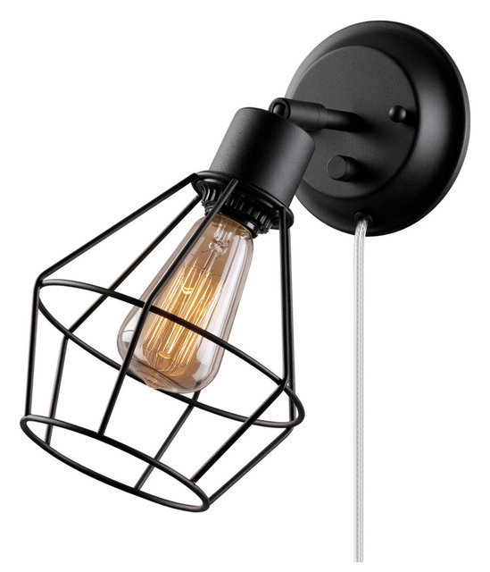 Globe Electric 65291 1 Light Wall Sconce With Black Metal Shade Verdun 1 Light Matte Black Plug In Or Hardwire Cage Wall Sconce