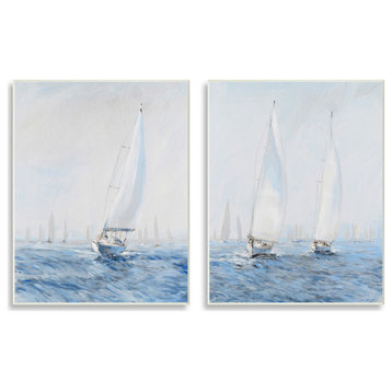 Serene Sailboats Floating Cloudy Sea Sky Painting, 2pc, each 13 x 19
