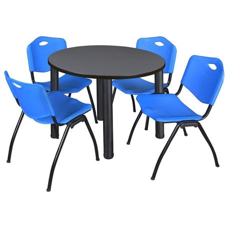 Kee 42" Round Breakroom Table, Gray/Black and 4 "M" Stack Chairs, Blue