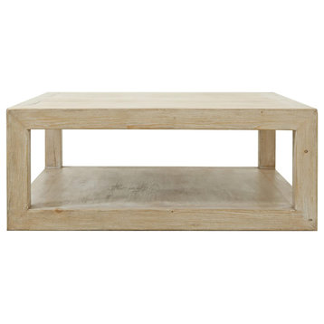 Transitional Coffee Table, Open Design With Square Top, Washed Weathered White