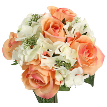 9 Stems Artificial Rose and Hydrangea Mixed Bouquet, Peach/Cream