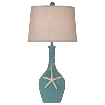 Weathered Turquoise Sea Oval Genie Table Lamp With Starfish Accent