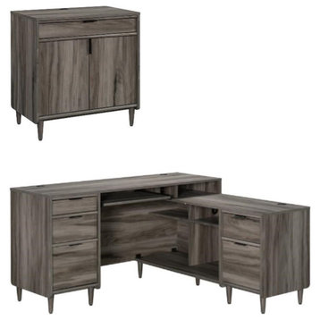 Home Square 2-Piece Set with L-Shaped Desk & Base Storage Cabinet in Jet Acacia