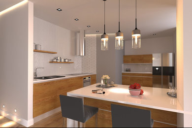 Large contemporary l-shaped eat-in kitchen in Other with an undermount sink, flat-panel cabinets, medium wood cabinets, marble benchtops, white splashback, ceramic splashback, stainless steel appliances, medium hardwood floors, with island, brown floor and white benchtop.