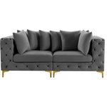 Meridian Furniture - Tremblay Velvet Upholstered 2-Piece Modular Sofa, Grey - Lean back and relax on this Tremblay sofa. Featuring soft grey velvet upholstery with deep button tufting, this sofa adds a bold touch to any living space. A complete set of gold and chrome legs are included, so you can change it up to suit your home decor. This sofa is modular, so you can create infinite configurations with it, which are easily attached using the latch underneath the frame. Its contemporary design is perfect for the modern home.