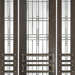 2-1/4" Thick Modern Mahogany Door Sidelites Matte Glass Iron Work - Front Doors