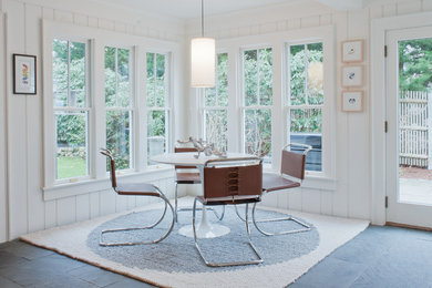 Kitchen/dining room combo - coastal slate floor kitchen/dining room combo idea in Boston with white walls