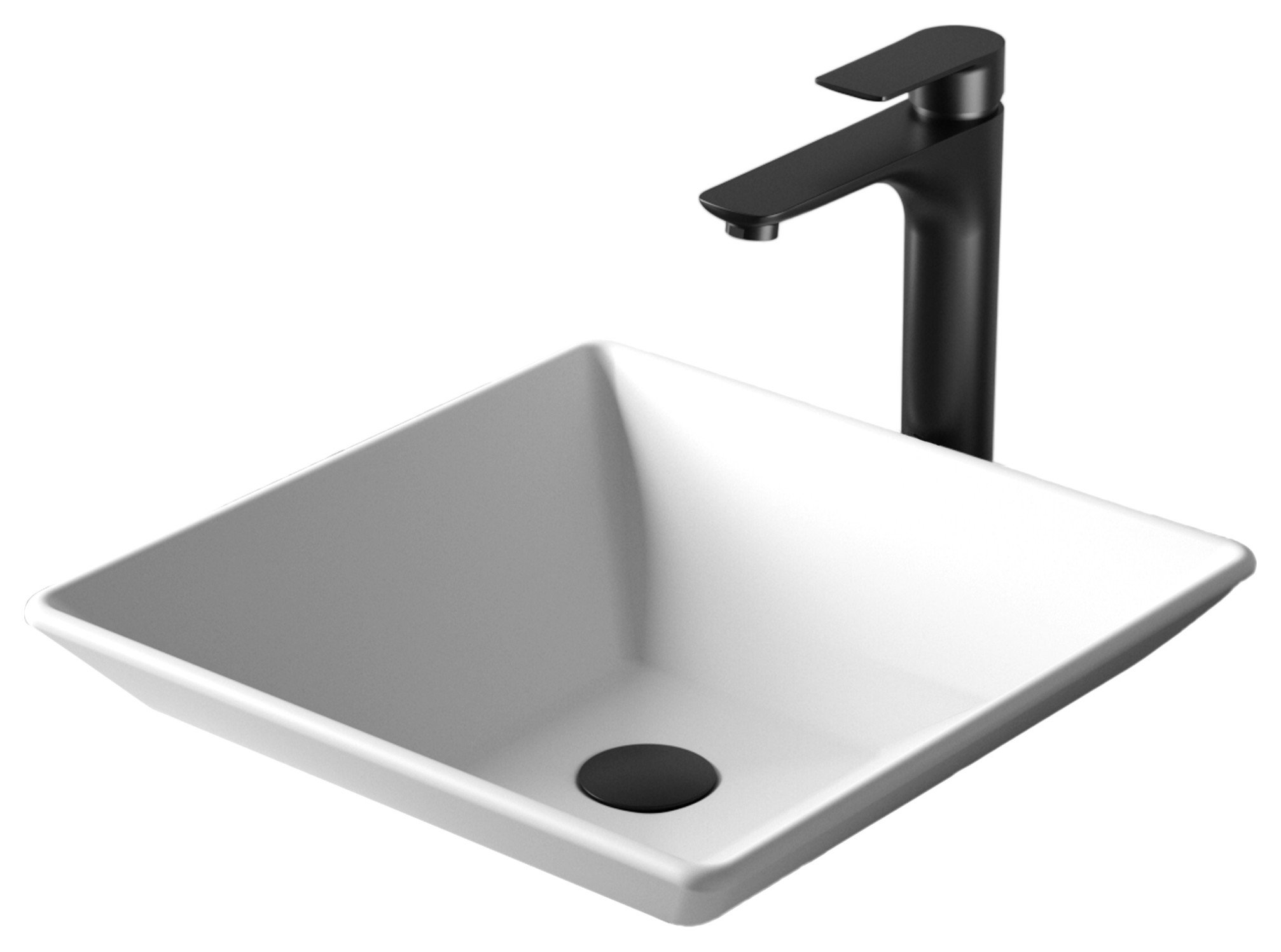 Karran White Acrylic 16" Square Vessel Sink With Faucet Kit, Matte Black