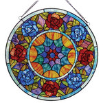 CHLOE Lighting - Chloe-Lighting Tiffany-Glass Roses Window Panel - This beautiful Tiffany-style piece contains hand-cut pieces of stained glass, each wrapped in fine copper foil. This panel features a classic floral design with shades of blue, green, red and amber. 22 inch diameter.