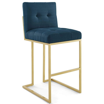 Modern Elegant Bar Stool, Gold Base & Polyester Seat With Biscuit Tufting, Azure
