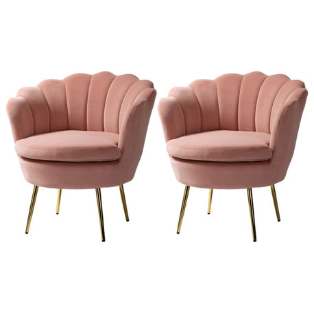 Velvet Accent Barrel Chair With Scalloped Seashell Edges Set of 2, Pink