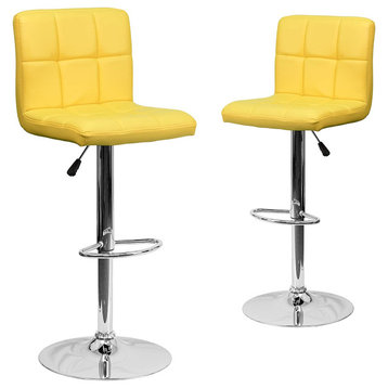 Set of 2 Bar Stool, Chrome Base and Square Tufted Faux Leather Seat, Brown