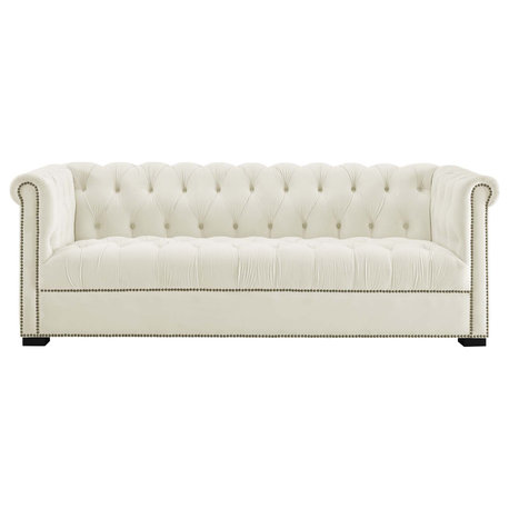 Heritage Upholstered Velvet Sofa, Ivory