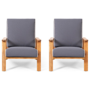 Paloma Outdoor Acacia Wood Club Chairs With Cushions, Teak Finish and Dark Gray