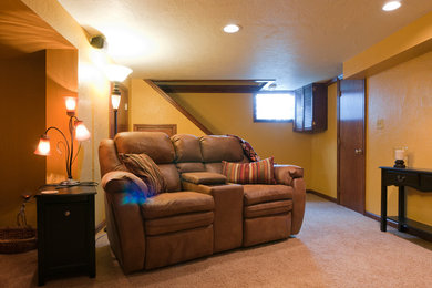 Example of a mid-sized underground carpeted basement design in Other with beige walls