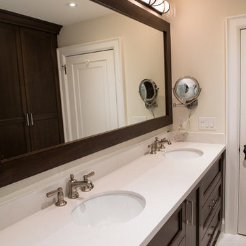 Built in Vanity, Wood Framed Mirror, Wall Mounted Mirror, Dark Wood Cabinets
