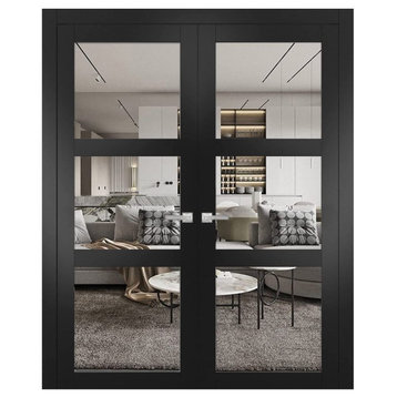 Interior French Double Doors, Lucia 2555 Black & Clear Glass, 64"x80" (2* 32x80)