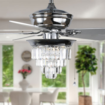52 inch Modern Crystal ceiling fan with 5 reversible blades, remote and Light, Chrome