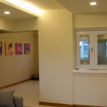 Window with serving counter to kitchen.