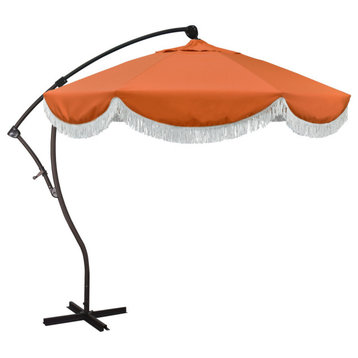 9' Surfside Cantilever Patio Umbrella With 360 Tilt and White Fringe, Melon