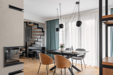 Inspiration for a medium sized contemporary open plan dining room in Other with a corner fireplace.