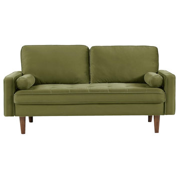 Midcentury Modern Loveseat, Deep Tufted Seat With Bolster Pillows, Olive Green