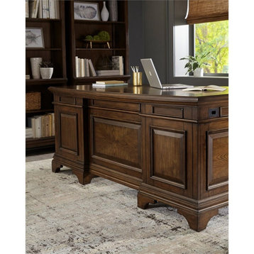 Pemberly Row Executive Desk with File Cabinets in Burnished Oak