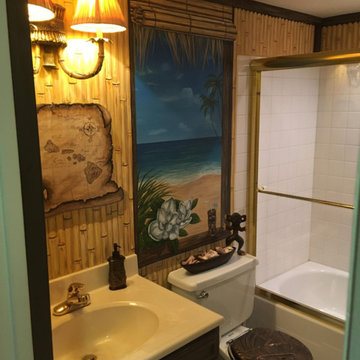 Polynesian Themed Mural thoughout a bathroom, hand-painted by Tom Taylor