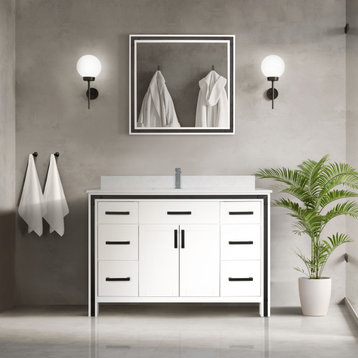 Ziva Bath Vanity, White, 48", White Quartz, Vanity Complete Set