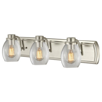 Industrial 3-Light Bathroom Light with Clear Glass in Satin Nickel