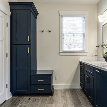 Transitional Primary Bathroom Remodel | Navy Vanity & Walk-In Shower