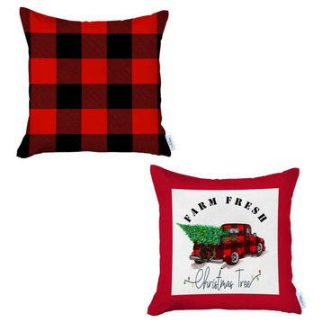 Set of 2 Red Plaid and Red Truck Throw Pillows