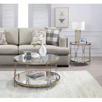 Modern Coffee Table, Metal Frame With Round Glass Top & Mirror Shelf, Champagne