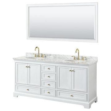 Deborah 72" Double Vanity, White, Top, Oval Brushed Gold Trim, 70" Mirror