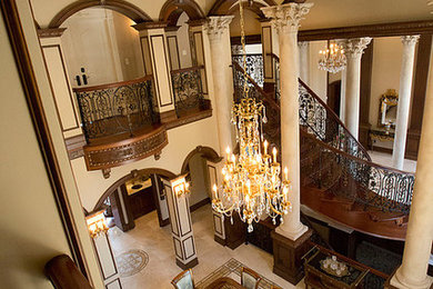 Enclosed dining room - huge traditional travertine floor and beige floor enclosed dining room idea in Detroit with beige walls and no fireplace