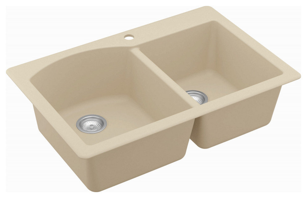 Karran Drop-In Quartz 33" 1-Hole 60/40 Double Bowl Kitchen Sink, Bisque