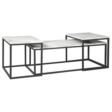3 Pieces Coffee Table Set, Open Black Frame With White Faux Carrara Marble Top