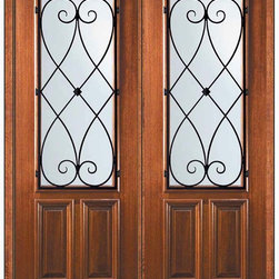 Prehung Double Door 96 Mahogany Charleston 2/3 Lite Wrought Iron - Front Doors