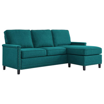 Left Facing Sectional Sofa, Polyester Seat With Nailhead Trim Accent, Teal