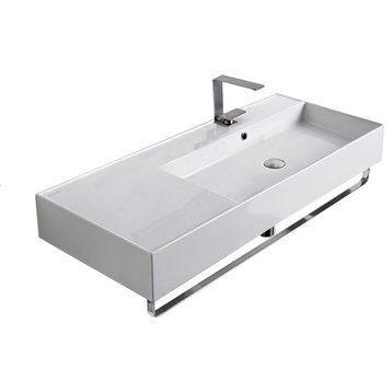 40" Ceramic Wall Mount Sink With Counter Space and Towel Bar, 1-Hole
