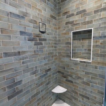 Primary Bathroom Remodel with Herringbone Flooring + Custom Shower
